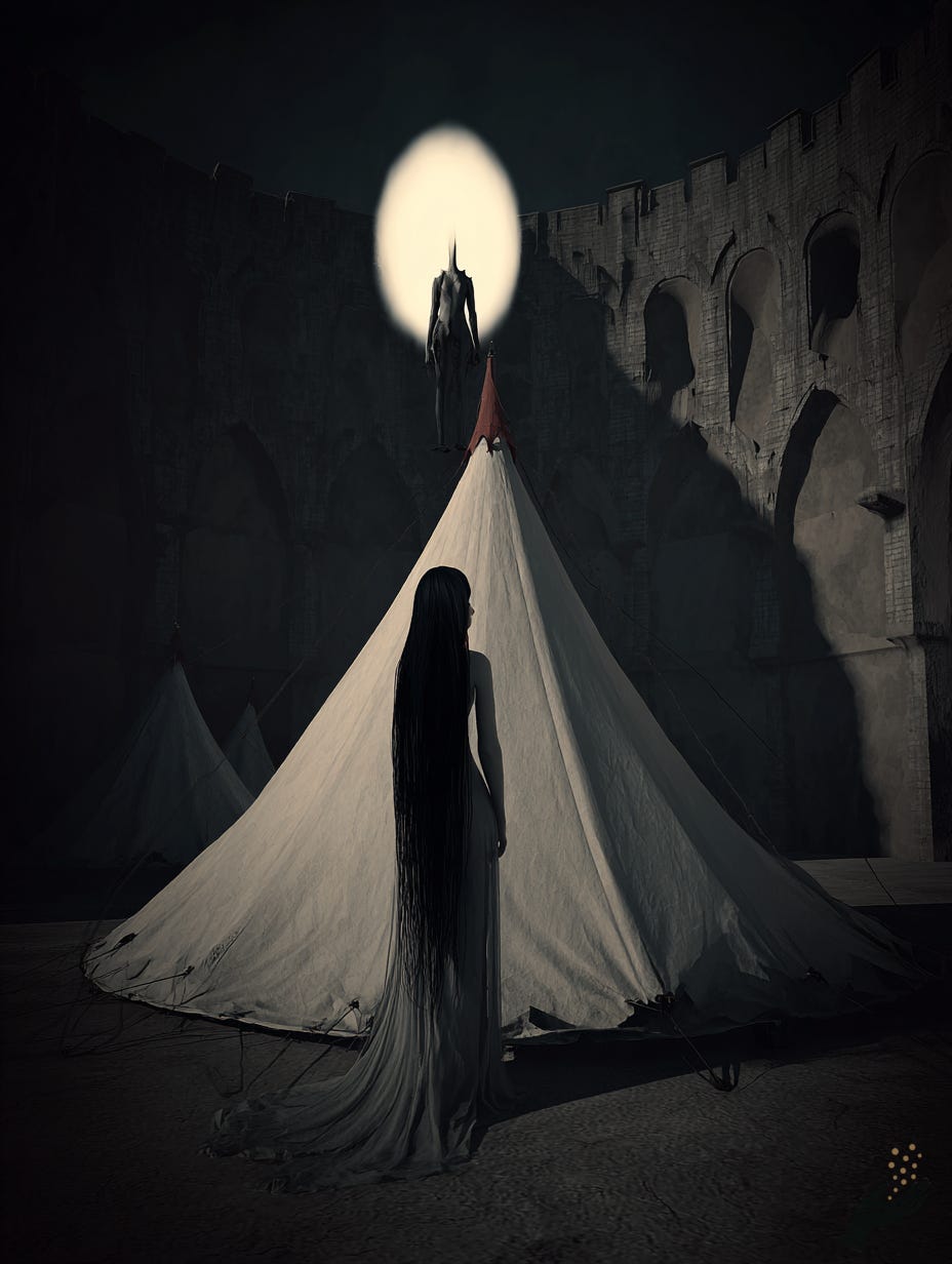 Surreal gothic artwork of a dark figure standing before a tall white tent with a bright moonlike light above it. 