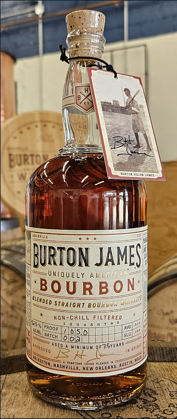 A bottle of Burton James Uniquely American Bourbon Batch 2 - 105.0 Proof, 7.5 Years Old. Goes on sale Saturday, August 23rd! A blend of three mash bills from two states.
