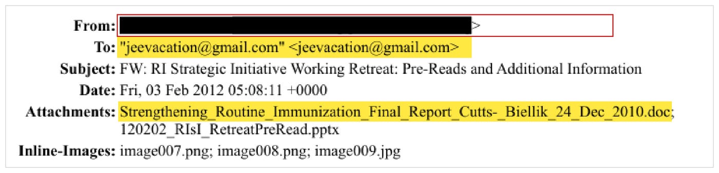 Email header showing a redacted From line and jeevacation@gmail.com on the To line Email header showing a redacted From line and jeevacation@gmail.com on the To line