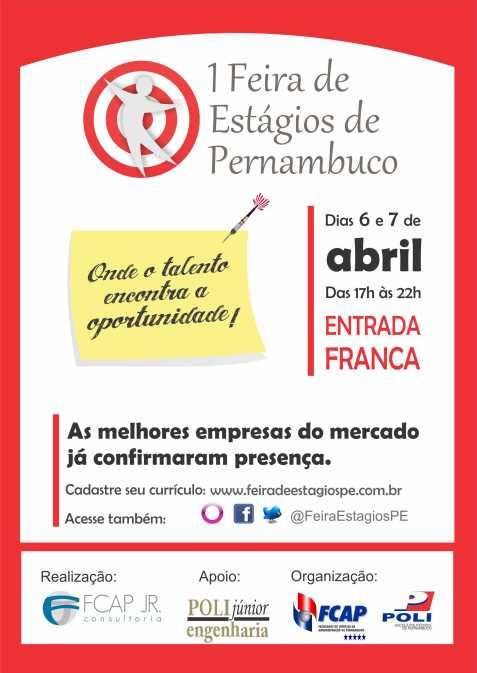 Folder da 1 Feira de Estágios de Pernambuco. Onde o talento encontra a oportunidade! Logos da FCAP Jr, Poli Jr, FCAP e Poli.