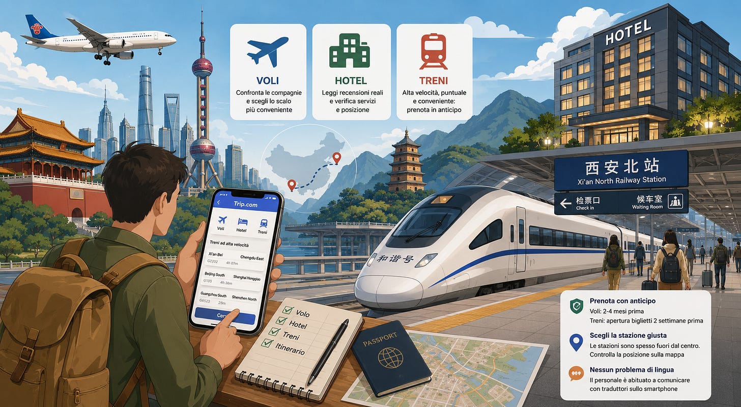 Illustrazione di viaggio in Cina con treno ad alta velocità, aeroporto, hotel moderni e viaggiatori che organizzano prenotazioni tramite smartphone. Illustrazione di viaggio in Cina con treno ad alta velocità, aeroporto, hotel moderni e viaggiatori che organizzano prenotazioni tramite smartphone.
