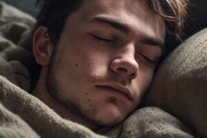 sleepy young man waking up and looking older than his age