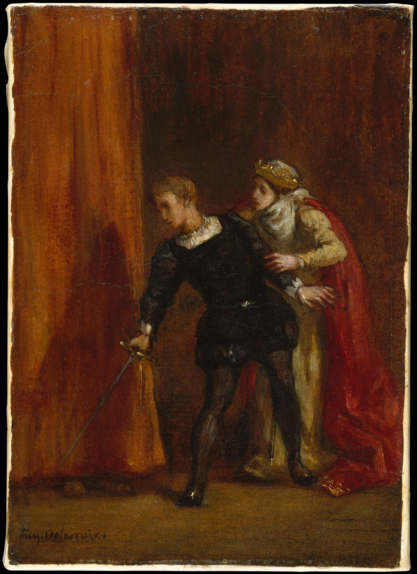 Painting of Hamlet and his mother standing in front of a wall tapestry