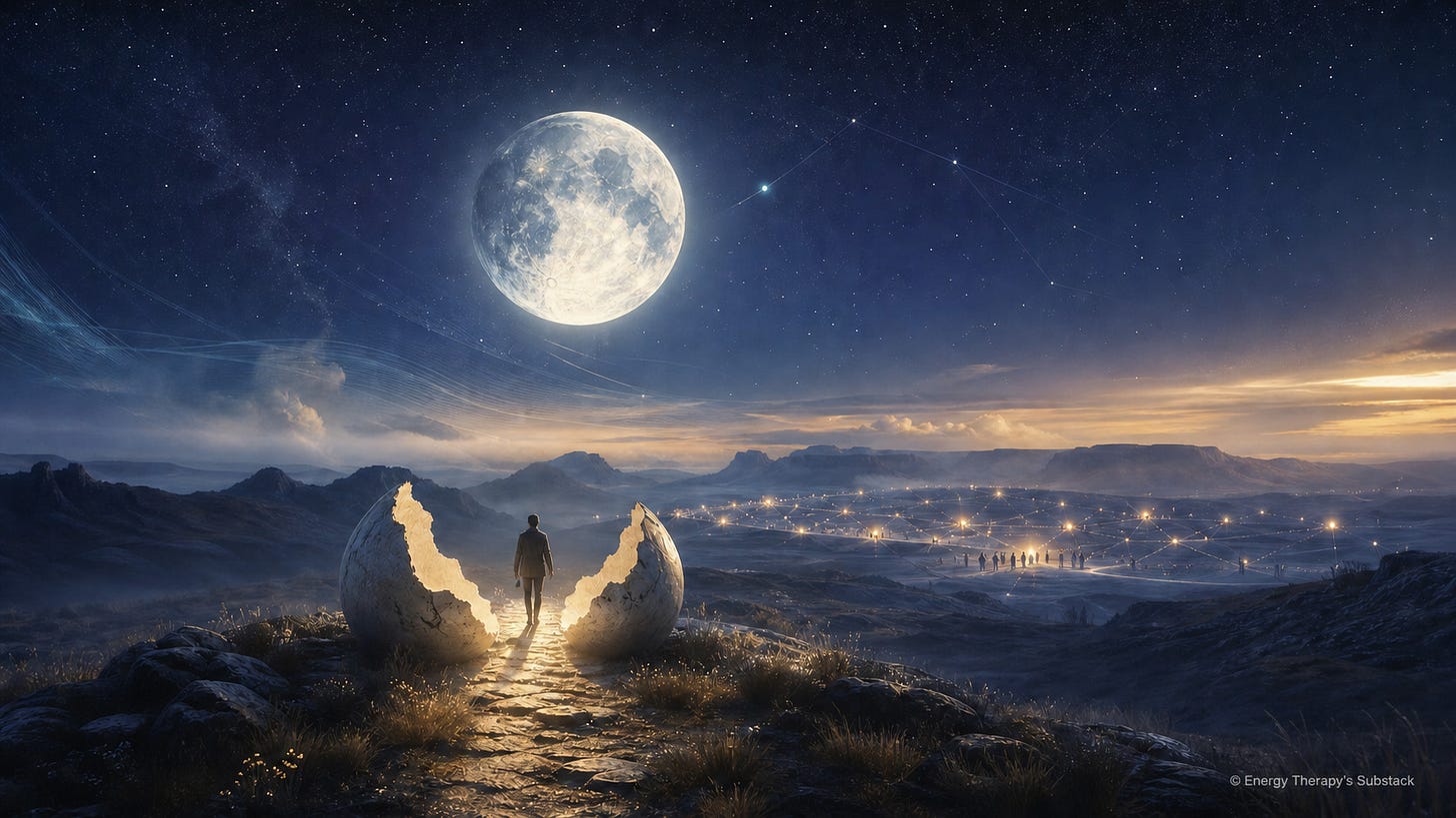 Aquarius Full Moon above a figure emerging from a cracked shell and walking towards a luminous, interconnected community.