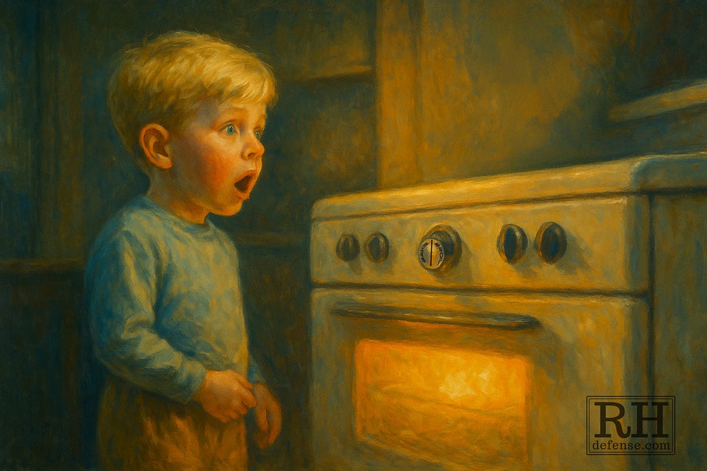 A painterly oil-style image of a small blond boy in pale blue pajamas standing before a glowing vintage Westinghouse stove. The oven door casts a warm orange light across his astonished face as he gazes upward, mouth open in awe. The surrounding kitchen is dim, the scene illuminated mainly by the stove’s soft, golden glow, evoking both wonder and fear.