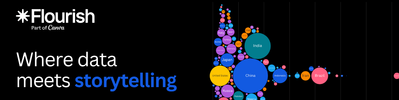 A striking banner features the Flourish logo and tagline 'Where data meets storytelling' in white and blue text on a black background, paired with a vibrant, multicolored bubble chart. The chart visually represents country data through an array of circles of various sizes labeled with nations like China, India, and the United States, illustrating a dynamic dataset on a dark field. - Alt-text drafted with Gemini assistance A striking banner features the Flourish logo and tagline 'Where data meets storytelling' in white and blue text on a black background, paired with a vibrant, multicolored bubble chart. The chart visually represents country data through an array of circles of various sizes labeled with nations like China, India, and the United States, illustrating a dynamic dataset on a dark field. - Alt-text drafted with Gemini assistance