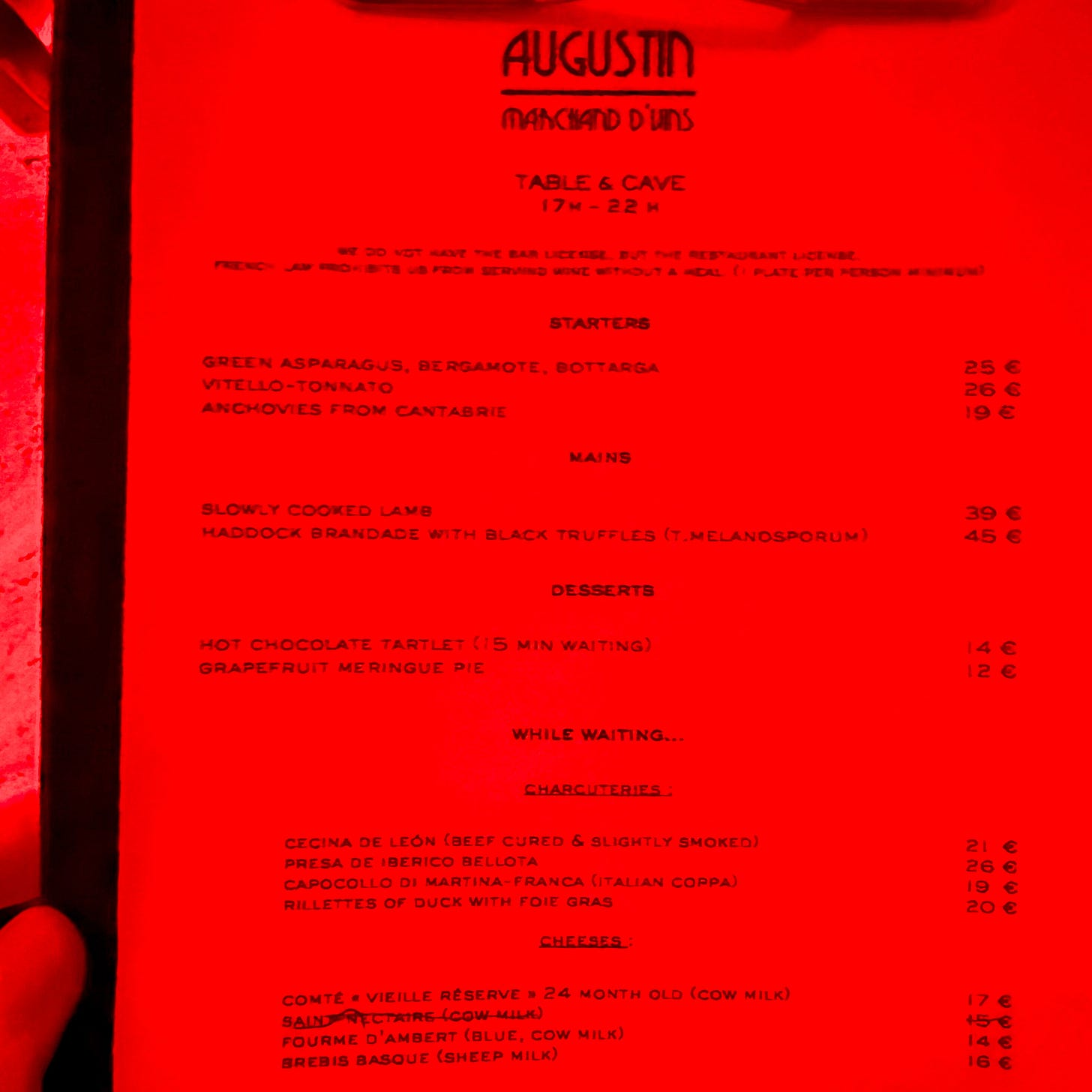 menu at Augustin Marchand d'Vins wine bar in Paris