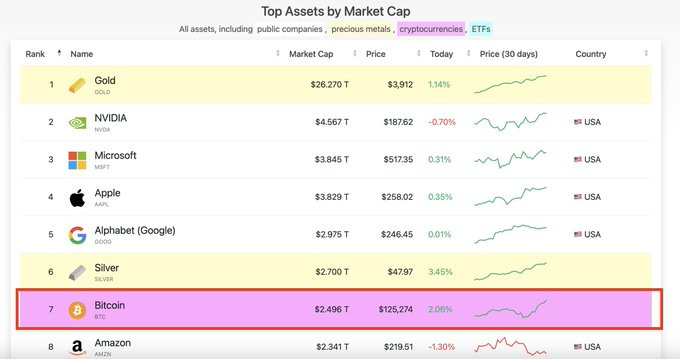 A table listing top assets by market cap, including Gold, NVIDIA, Microsoft, Apple, Alphabet, Silver, Bitcoin, and Amazon. Columns show rank, name, market cap in trillions, price, 30-day price change percentage, and price trend graphs over 30 days. Bitcoin is highlighted with a pink box, showing a market cap of $2.5 trillion and a price of $125,000.