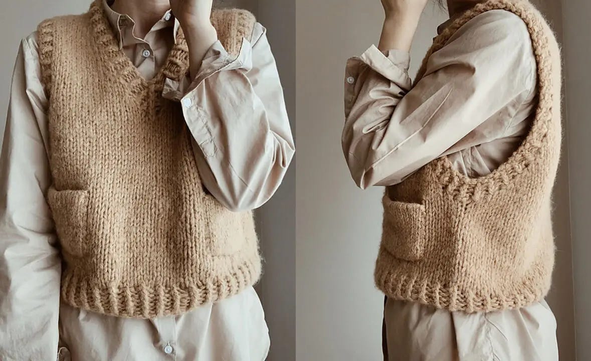 woman wearing beige vest with pockets over shirt
