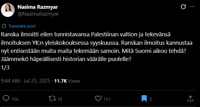 Razmyar väitti virheellisesti kertomatta Ranskan Palestiinan tunnistamisen ehtoja - ja islamonatsistisen sairaan sharia-lain kalifaatin, terrorin ja Venäjän liittolaisten propagandan tukemista “historian oikeaksi puoleksi” - ja sen vastustamista “vääräksi puoleksi” - täysin päinvastaisesti mitä todellisuus on. Razmyar väitti virheellisesti kertomatta Ranskan Palestiinan tunnistamisen ehtoja - ja islamonatsistisen sairaan sharia-lain kalifaatin, terrorin ja Venäjän liittolaisten propagandan tukemista “historian oikeaksi puoleksi” - ja sen vastustamista “vääräksi puoleksi” - täysin päinvastaisesti mitä todellisuus on.