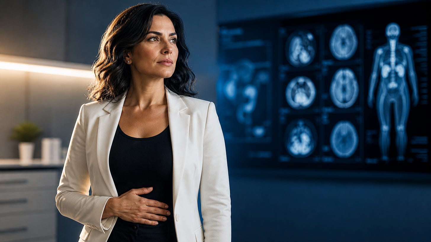 Clean, modern editorial portrait. A confident, well-dressed woman stands in a clinical environment with subtle, blurred medical scans in the background. She looks composed and outwardly healthy, with a calm but slightly questioning expression. One hand rests lightly on her abdomen, suggesting awareness rather than pain. Lighting is soft and natural with a slight contrast between cool clinical tones and a subtle warm highlight. Minimalist, high-end magazine style, no glow effects, no dramatic illness cues, no text.