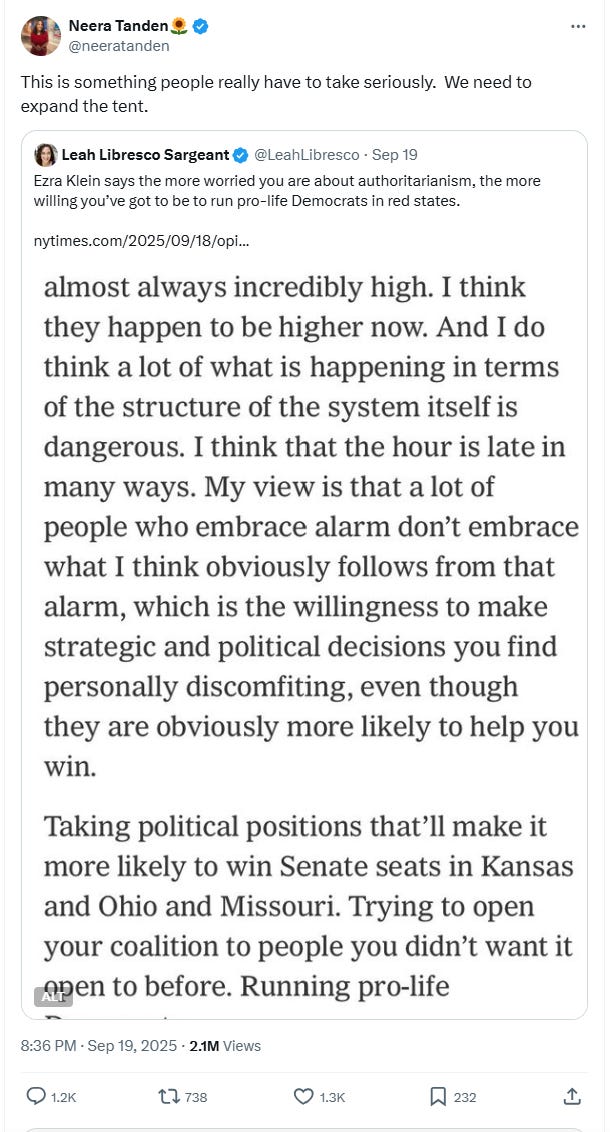 Neera Tanden tweet reading "This is something people really have to take seriously. We need to expand the tent." quoting a tweet with an image of an article by Ezra Klein arguing Dems should consider running more pro-life candidates.