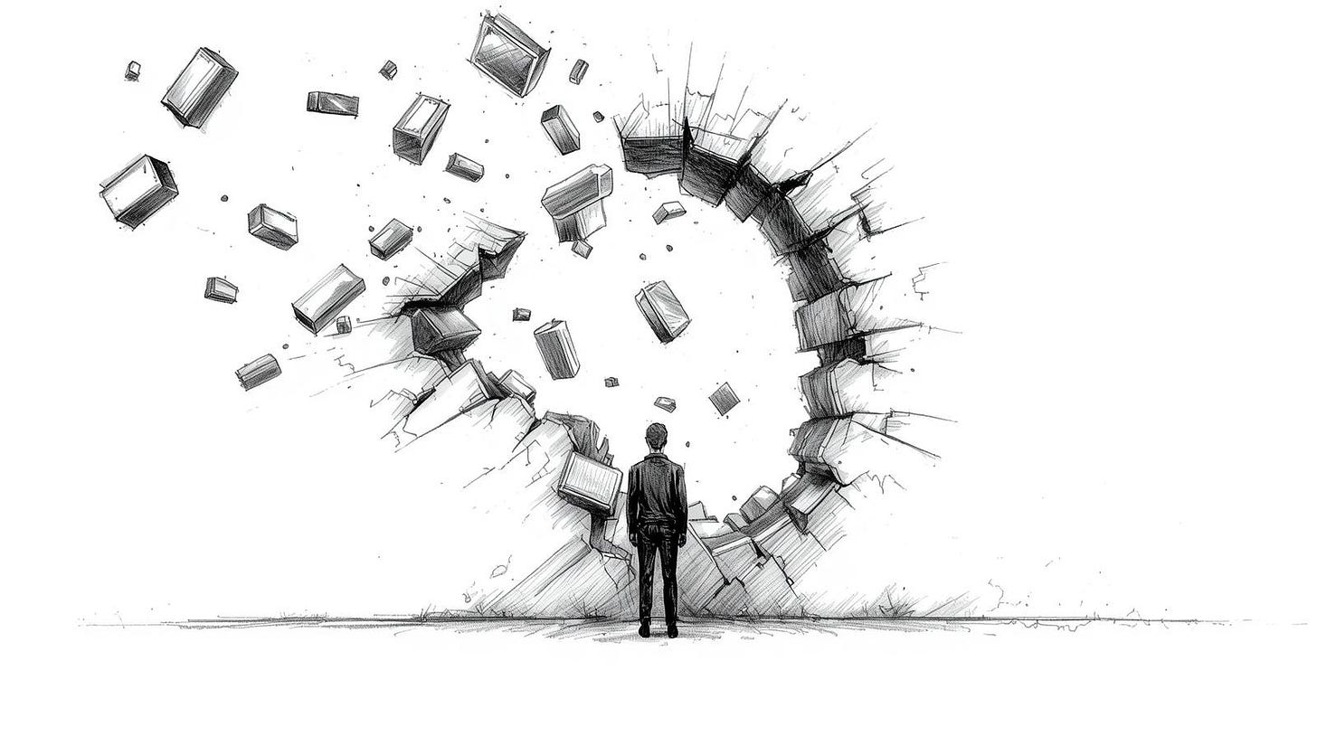 A figure standing before a wall, but the wall is deconstructing itself