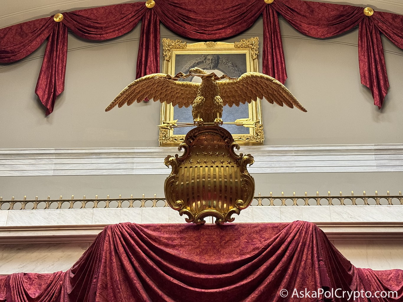 A gold plated eagle holds golden arrows above the desk in the Old Senate CHamber in US Capitol. Photo: Matt Laslo © www.askapolcrypto.com A gold plated eagle holds golden arrows above the desk in the Old Senate CHamber in US Capitol. Photo: Matt Laslo © www.askapolcrypto.com