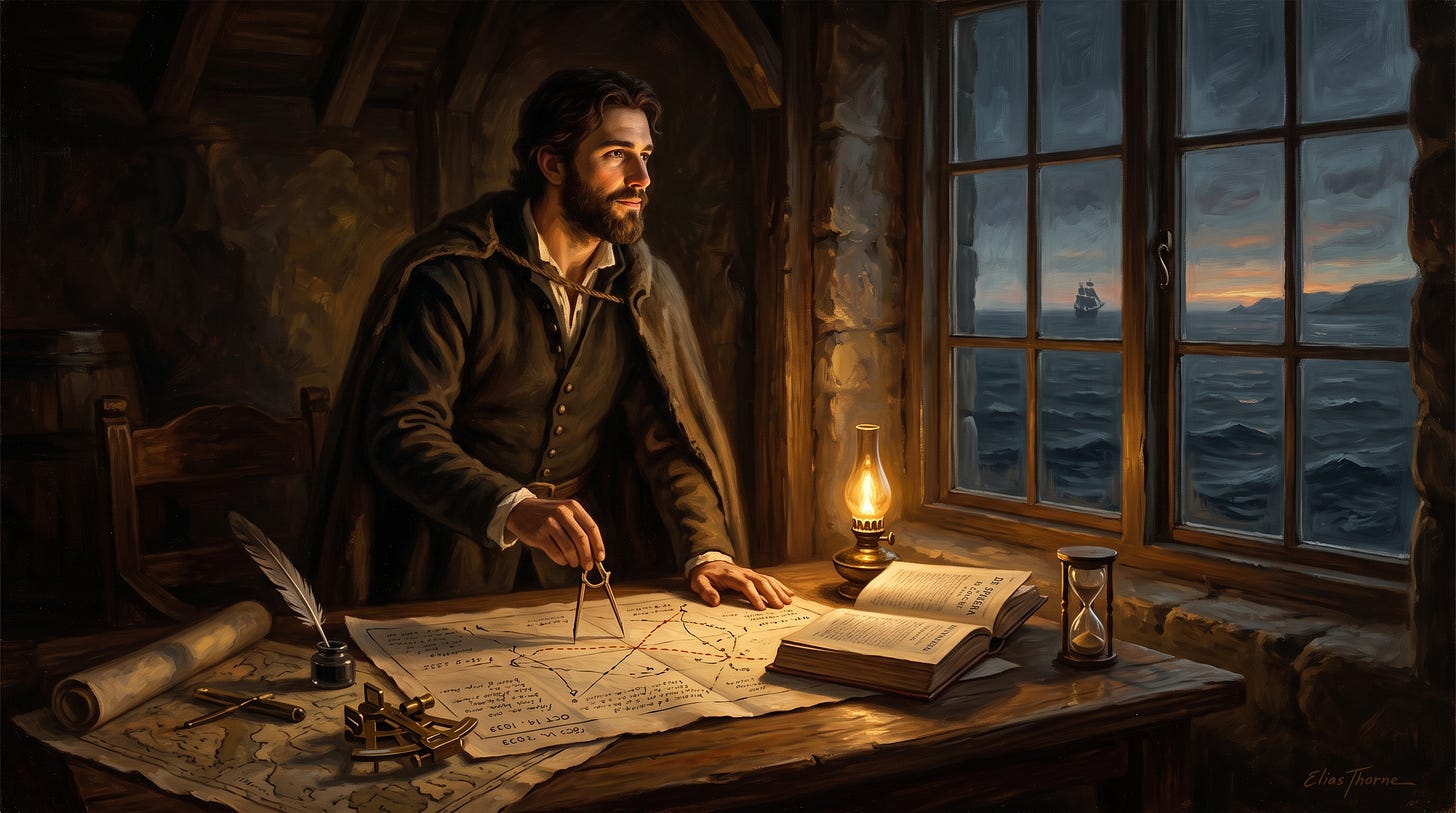 Oil painting of a mapmaker by lamplight using dividers over a journal, charts, and maps, with a ship on stormy seas outside