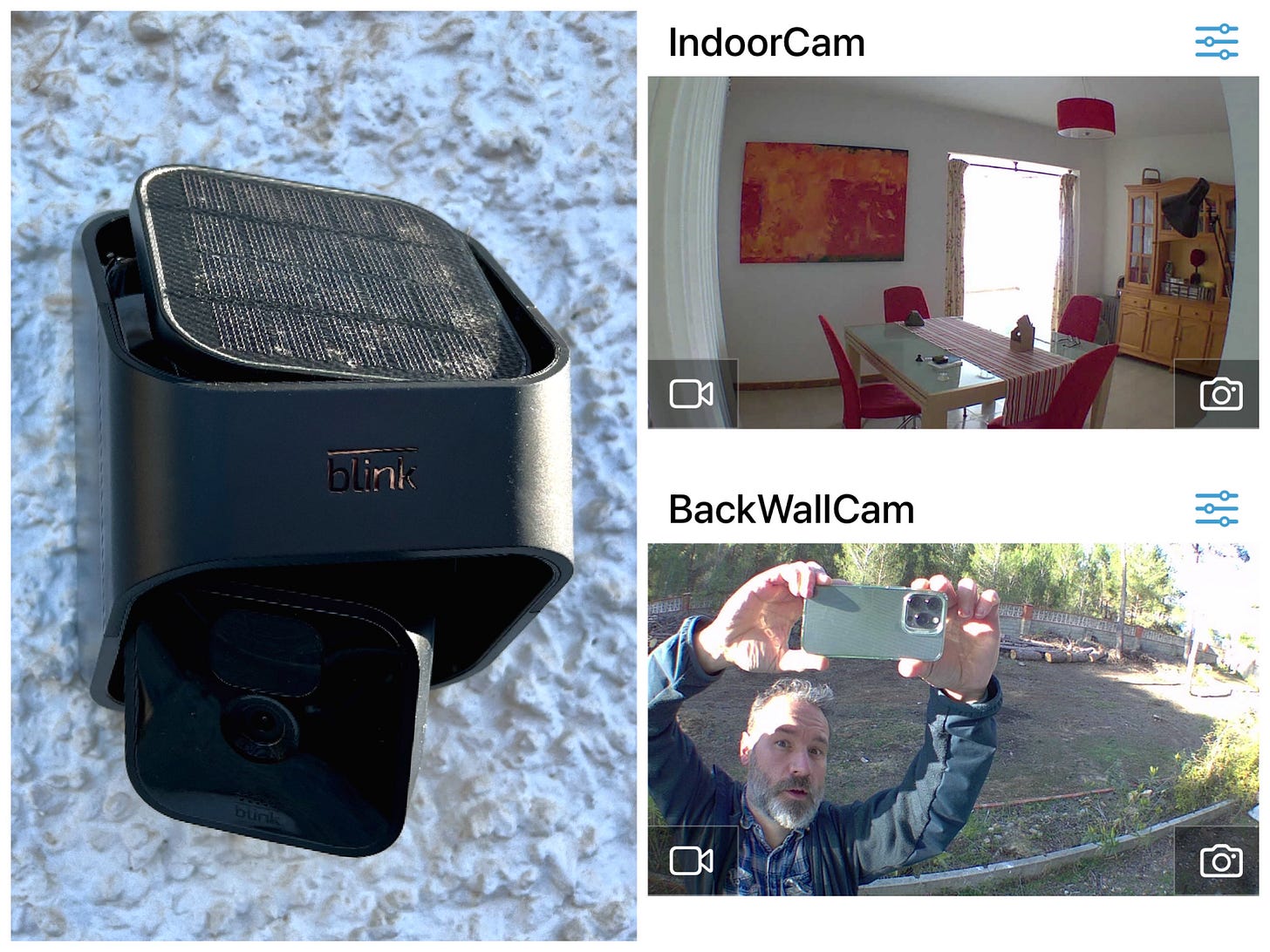 A solar powered CCTV camera sits on the wall and a screen grab shows what the camera can see. A solar powered CCTV camera sits on the wall and a screen grab shows what the camera can see.