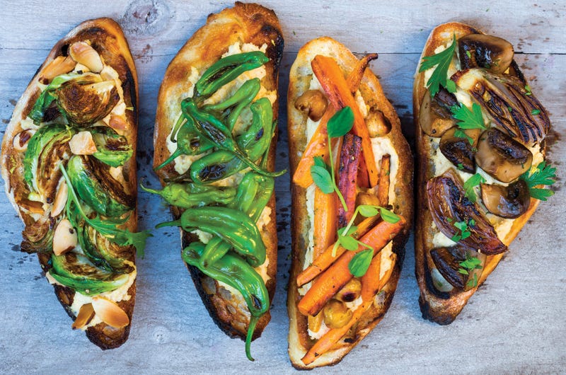 Warm Ciabatta Toasts with Lemony Chickpea Hummus and Sautéed Veggies, Cook the Vineyard