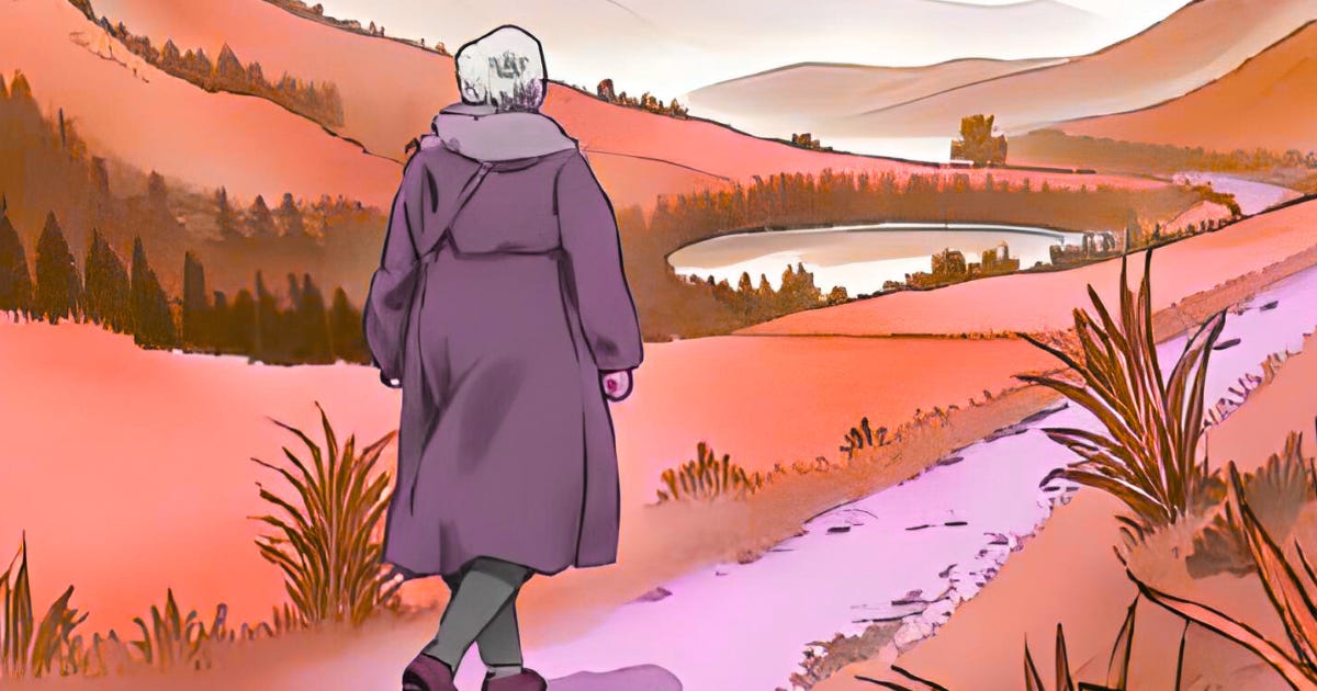 a watercolor image in mauve and orange-ish hues depicting an older woman wandering a path in the Highlands
