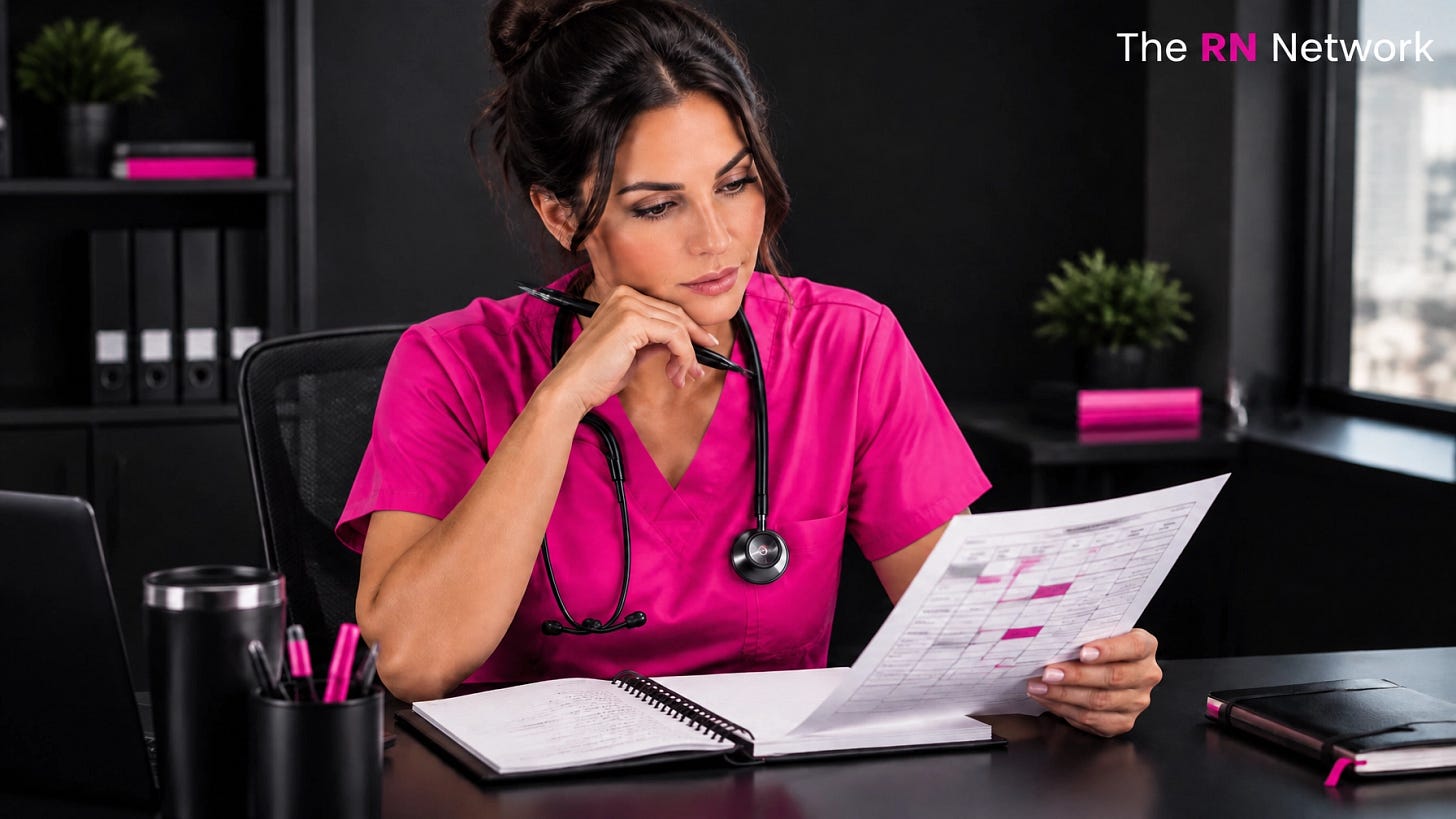 Nurse reviewing notes and a hospital schedule at a desk Nurse reviewing notes and a hospital schedule at a desk