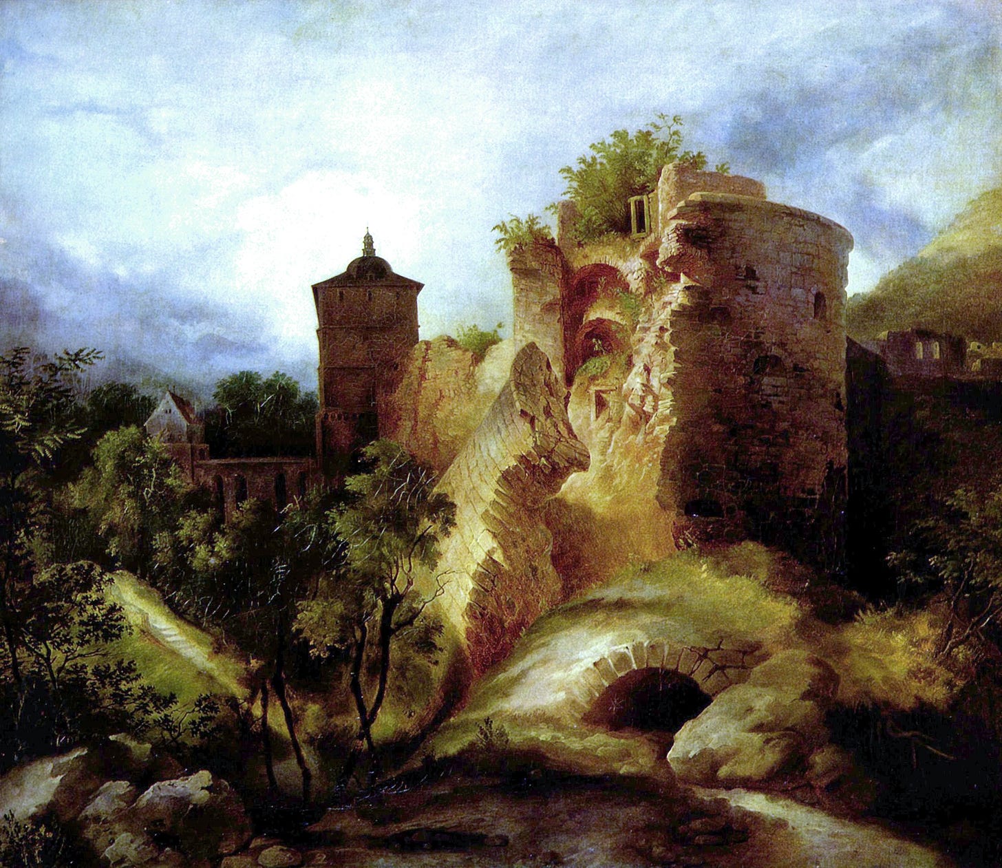 A painting showing a castle which is falling apart and overgrown A painting showing a castle which is falling apart and overgrown