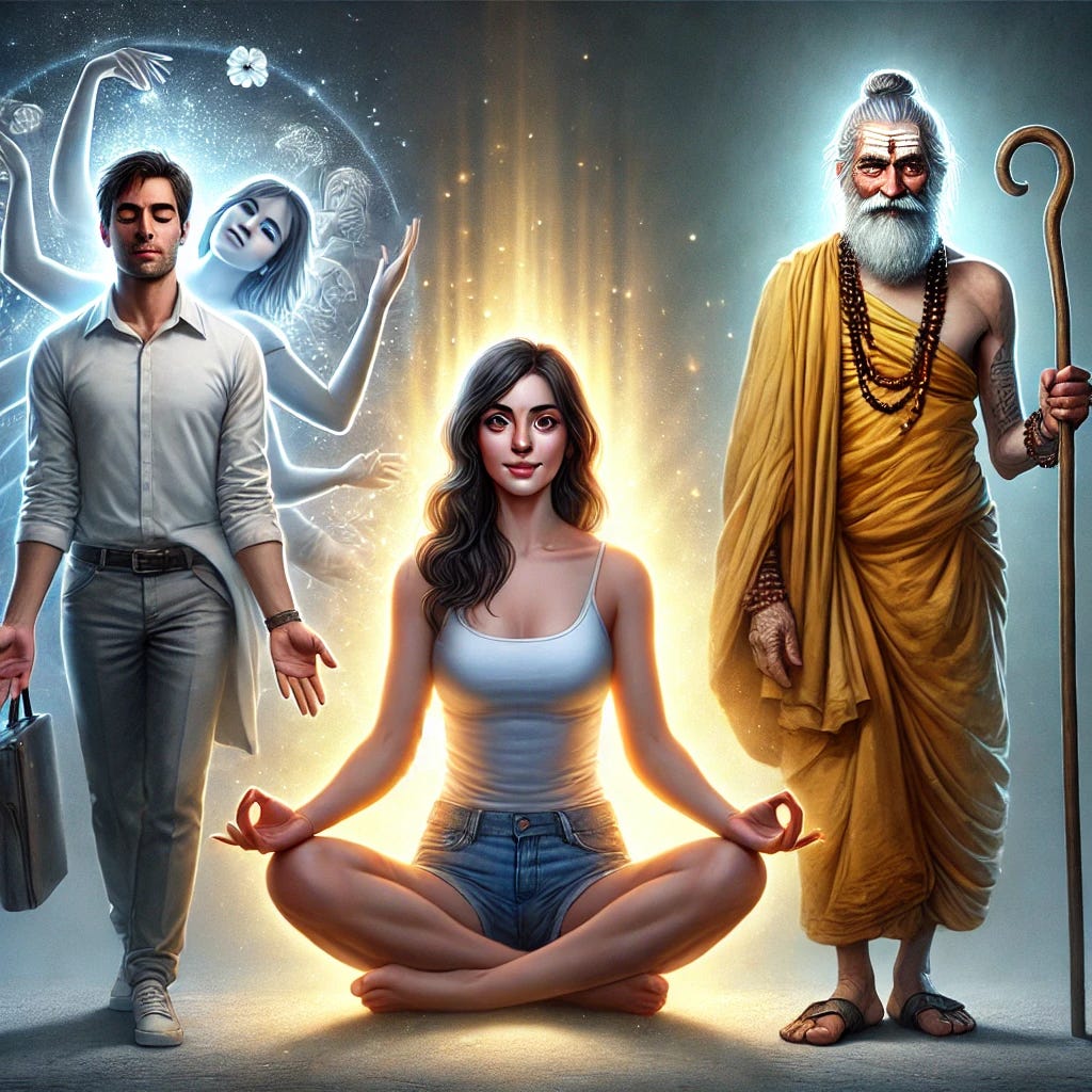 A serene depiction of a modern woman meditating, radiating calmness and peace, juxtaposed with a modern man standing, appearing tense and exhausted. Between them stands an ancient Rishi, composed and smiling, symbolizing harmony between spiritual awareness and material concerns. The image is part of an article titled Manifestation vs Law of Attraction: Key Differences and Benefits authored by Anish Prasad and published at astrojagriti.substack.com.