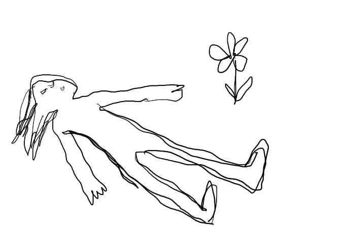 This may contain: a black and white drawing of a person laying on the ground next to a flower This may contain: a black and white drawing of a person laying on the ground next to a flower