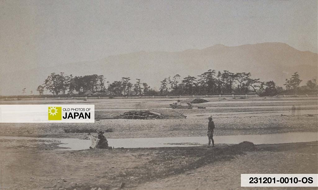 Albumen print from The Far East magazine of temporary bridges across the Sakawagawa River near Odawara, 1871 Albumen print from The Far East magazine of temporary bridges across the Sakawagawa River near Odawara, 1871