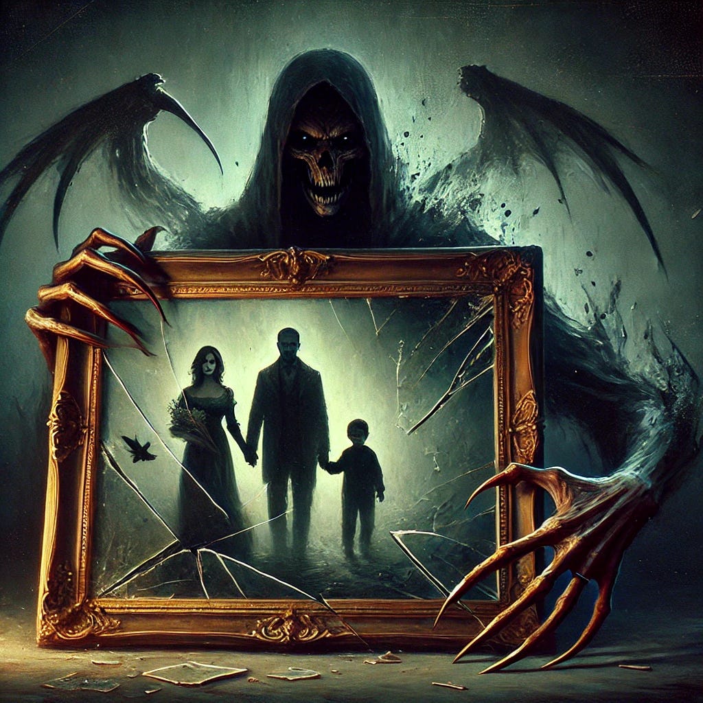 A dark and eerie digital painting depicting a shadowy, demonic figure lurking behind a fractured family portrait. The portrait shows a traditional family—a mother, father, and two children—but the glass is shattered, symbolizing a broken home. The demon’s claws subtly reach toward the cracks, representing unseen forces working to destroy the family unit. The background is moody and atmospheric, with a faint glow suggesting a struggle between light and darkness.