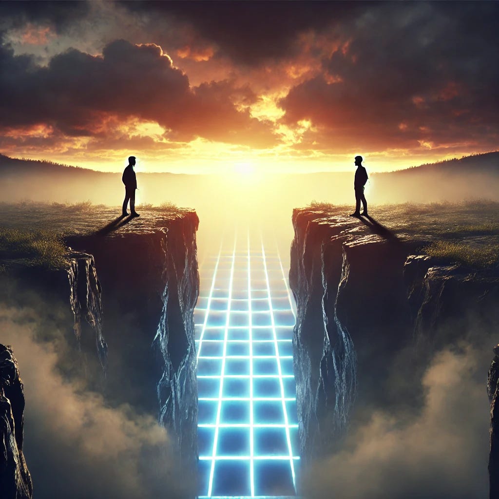 A vast, foggy landscape with two silhouetted figures standing on opposite cliffs, separated by a deep chasm. Below them, the chasm reflects an infinite grid of prisoner’s dilemma payoffs, glowing faintly. One figure extends a hand hesitantly, as if considering a leap across, while the other remains motionless, embodying the tension between pessimism and trust. The sky above them is split—one side dark and deterministic, the other warm and full of possibility.