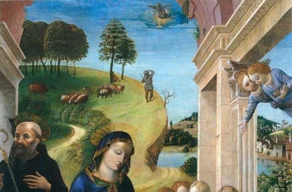 Shepherd views angel on beaming cloud. Scene excerpted from the Nativity of Vincenzo Foppa, 15th century. Public domain.