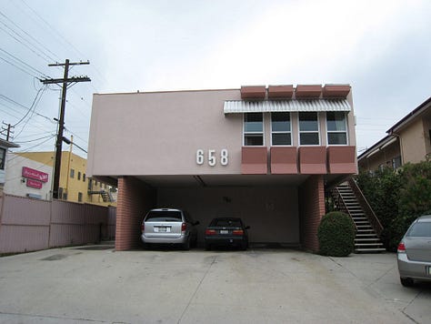 three dingbat apartment buildings