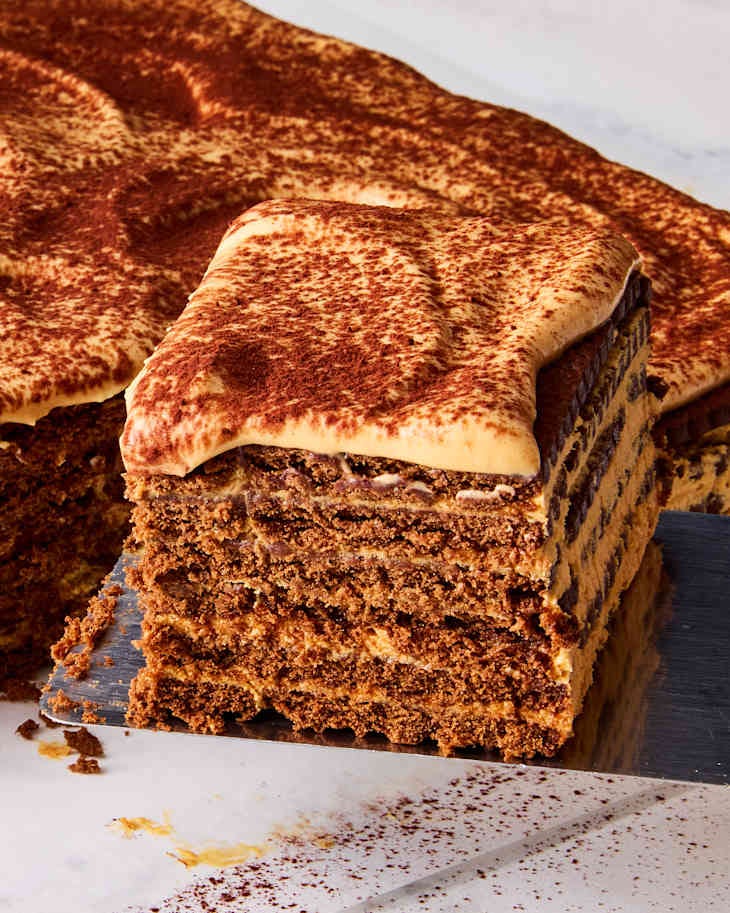 Layered chocolate cake with creamy topping and cocoa powder, served on a metal spatula. Layered chocolate cake with creamy topping and cocoa powder, served on a metal spatula.