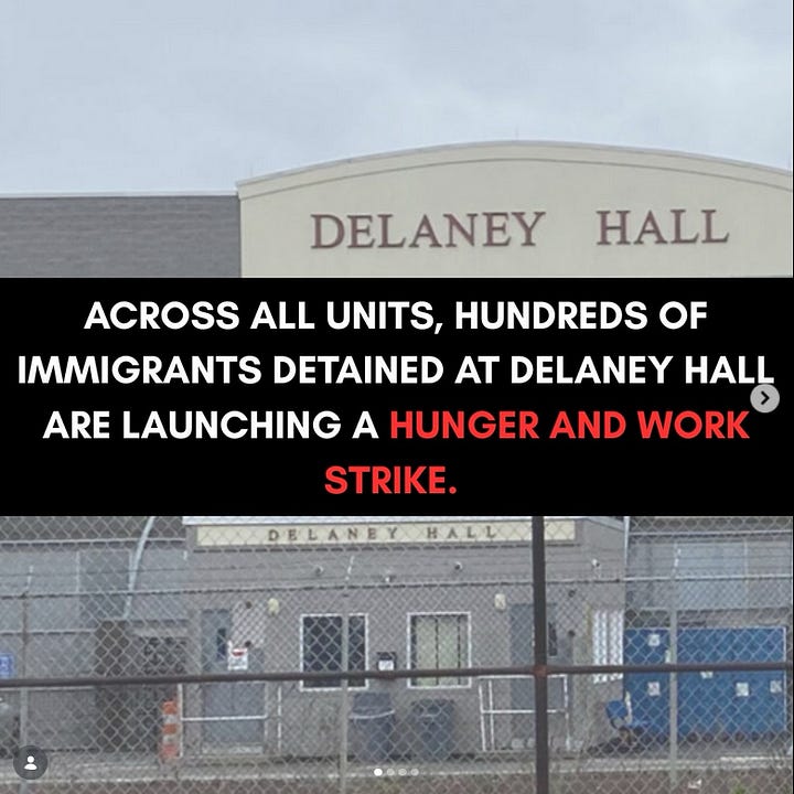 On the left: Across all units, hundreds of immigrants detained at Delaney Hall are launching a hunger and work strike. The text is over a picture of Delaney Hall. On the right: Over 20 men inside the Adelanto ICE Processing Center and Desert View Annex ahve launched a hunger strike in resopnse ot the inhumane conditions of the facilities. Five ways you can help amplify their voices and support their fight: bit.ly/adelantostrike20.