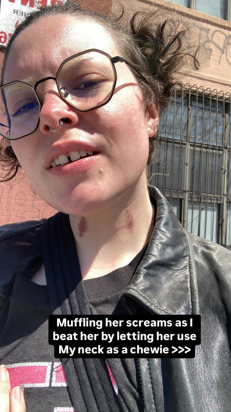 Mistress Selah, New York Prodomme, dressed in casual wear (read: t shirt and leather jacket) with a bruised neck. Writing over photo says: "Muffling her screams as I beat her by letting her use My neck as a chewie >>>" Mistress Selah, New York Prodomme, dressed in casual wear (read: t shirt and leather jacket) with a bruised neck. Writing over photo says: "Muffling her screams as I beat her by letting her use My neck as a chewie >>>"