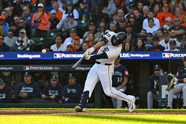 Detroit Tigers left fielder Riley Greene hits a solo homer to lead off the sixth inning during Game 4 of the ALDS series between the Detroit Tigers...