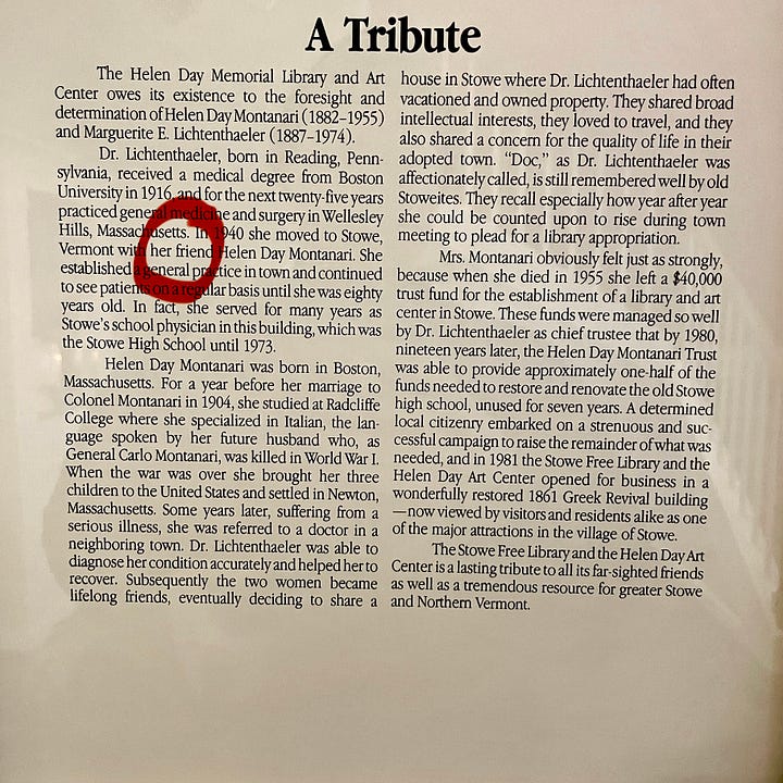 On the left, a photograph of Dr. Margeurite Lichtenhaeler, wearing a button up shirt, a tie, and looking really gay. On the right, a tribure written to Helen Day describing Dr. L as Helen's good friend.