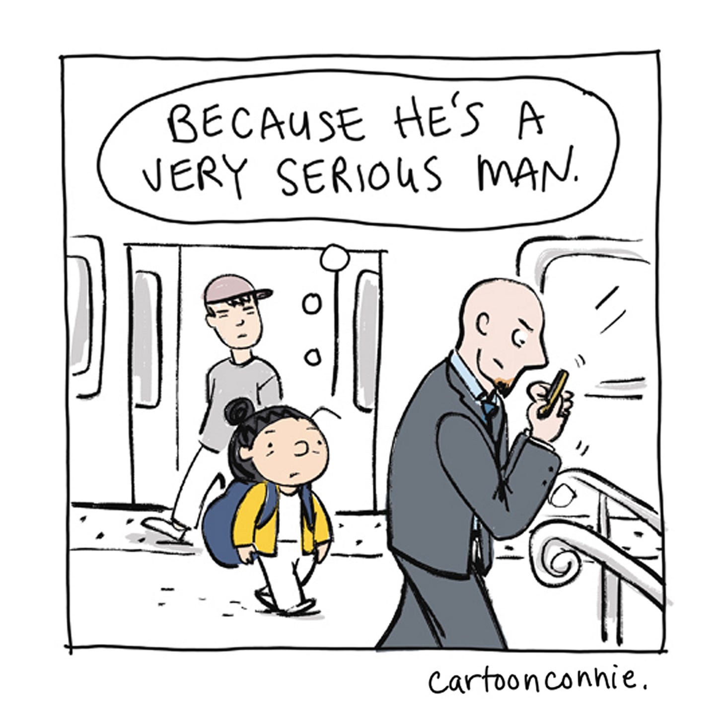 Panel 3/6 of a humorous comic strip illustrating a girl with a bun, riding the New York City subway and observing a man in a suit, intensely playing a game on his phone. Titled "A Very Serious Man," 2026, by Connie Sun, cartoonconnie.