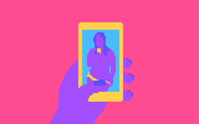 A hand flicks through sexy photos on a phone, rendered in Atari-era graphics