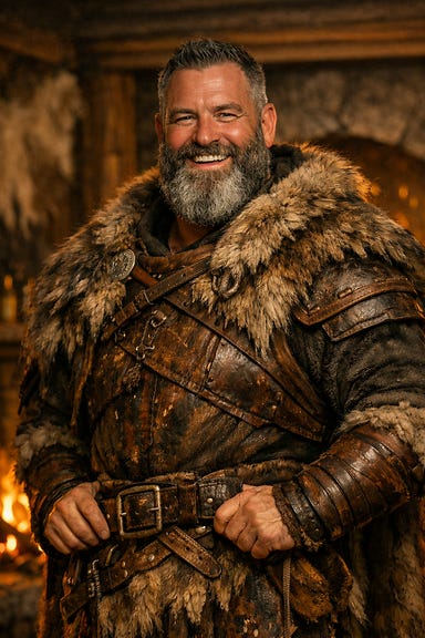 Oroles, a massive, broad-shouldered mountain chieftain with a thick greying beard, bright blue eyes, and a warm, booming smile; rugged features, close-cropped dark hair streaked with silver, wearing heavy furs and weathered leather armor; standing proudly in the firelit Soldav longhouse, exuding jovial strength and warmth; entirely original face, not resembling any real person