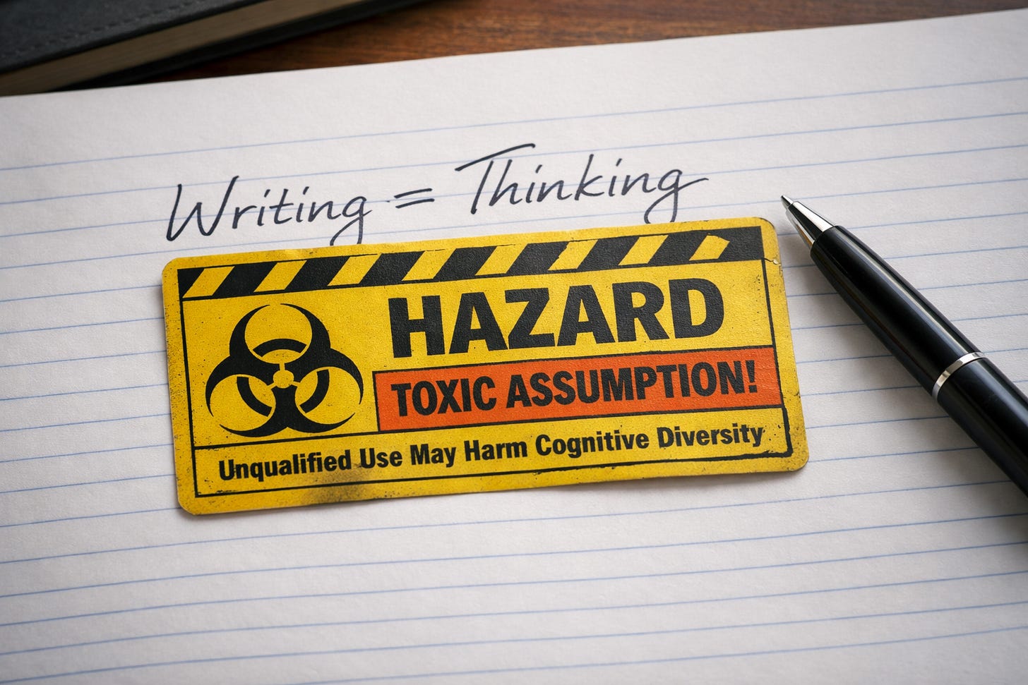 A lined sheet of paper on a desk shows the handwritten phrase “Writing = Thinking.” A yellow-and-black hazard warning label reading “Hazard: Toxic Assumption” partially covers the text, while a black pen rests nearby, suggesting a critique of the idea that writing alone represents thinking. A lined sheet of paper on a desk shows the handwritten phrase “Writing = Thinking.” A yellow-and-black hazard warning label reading “Hazard: Toxic Assumption” partially covers the text, while a black pen rests nearby, suggesting a critique of the idea that writing alone represents thinking.