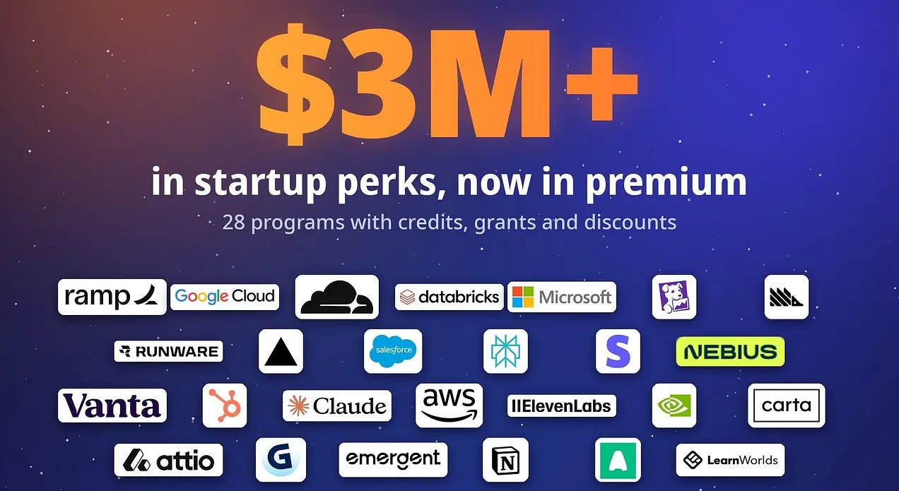 Banner reading $3M+ in startup perks with logos of 28 programs offering credits, grants and discounts Banner reading $3M+ in startup perks with logos of 28 programs offering credits, grants and discounts