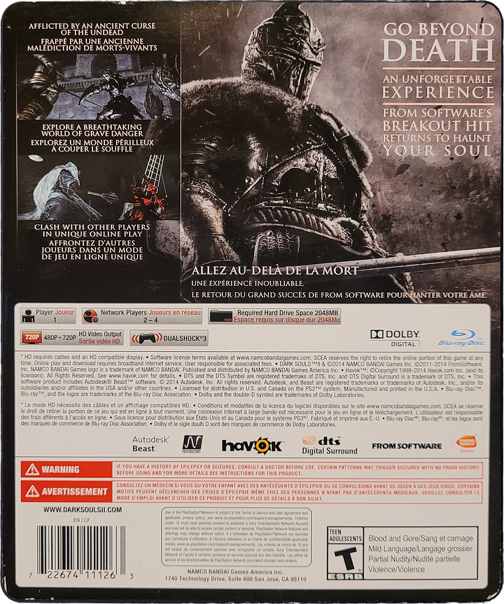 Two photos of box art, both the front and back, of Dark Souls 2 on the PS3.