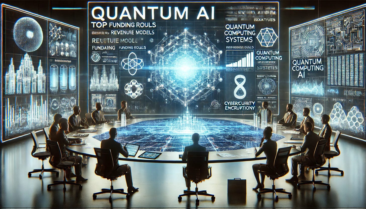 A futuristic investment briefing focused on Quantum AI startups. A high-tech boardroom with venture capitalists analyzing holographic charts displaying top Quantum AI companies, their funding rounds, revenue models, and exit strategies. In the background, digital screens showcase quantum computing systems, AI-driven biotech simulations, and cybersecurity encryption breakthroughs. The setting is sleek, modern, and cutting-edge, highlighting the intersection of deep technology and high-stakes venture capital.