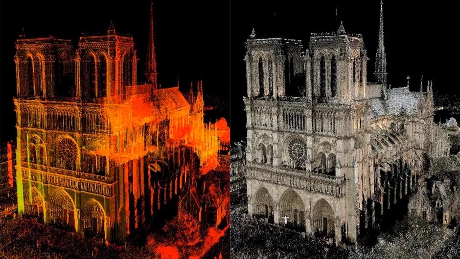 Point-cloud visualization from 3D scans of Notre Dame by Dr. Andrew Tallon, prior to the 2019 fire. Image via National Geographic. Point-cloud visualization from 3D scans of Notre Dame by Dr. Andrew Tallon, prior to the 2019 fire. Image via National Geographic.
