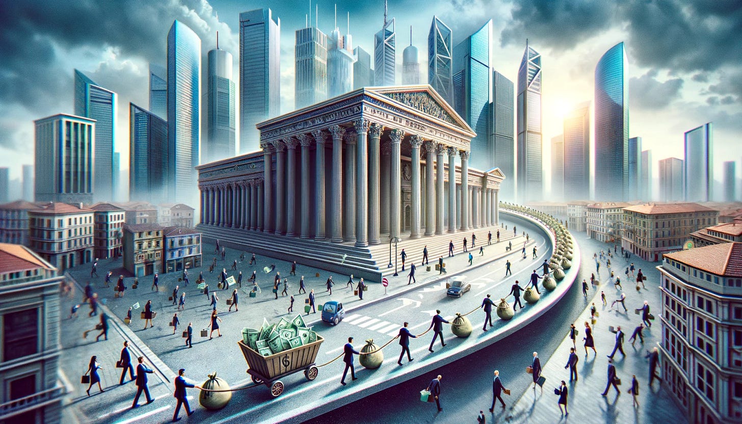 Una rappresentazione concettuale e astratta che mostra diverse banche e gestori di servizi finanziari sotto forma di grandi torri o edifici imponenti, con persone in miniatura che trasportano sacchi di denaro verso queste strutture, evidenziando le commissioni elevate che devono pagare per i servizi. In contrasto, nella parte inferiore dell'immagine, un gruppo di legislatori e funzionari governativi lavora insieme per costruire un ponte o una strada che bypassa queste grandi torri, simboleggiando le nuove regole intese a ridurre le commissioni e a proteggere i consumatori. Questa strada è illuminata da una luce soffusa che simboleggia la speranza e il cambiamento positivo. L'immagine dovrebbe essere orizzontale e ricca di dettagli, con un focus sulla contrapposizione tra il carico finanziario sui consumatori e le misure di riforma. Una rappresentazione concettuale e astratta che mostra diverse banche e gestori di servizi finanziari sotto forma di grandi torri o edifici imponenti, con persone in miniatura che trasportano sacchi di denaro verso queste strutture, evidenziando le commissioni elevate che devono pagare per i servizi. In contrasto, nella parte inferiore dell'immagine, un gruppo di legislatori e funzionari governativi lavora insieme per costruire un ponte o una strada che bypassa queste grandi torri, simboleggiando le nuove regole intese a ridurre le commissioni e a proteggere i consumatori. Questa strada è illuminata da una luce soffusa che simboleggia la speranza e il cambiamento positivo. L'immagine dovrebbe essere orizzontale e ricca di dettagli, con un focus sulla contrapposizione tra il carico finanziario sui consumatori e le misure di riforma.