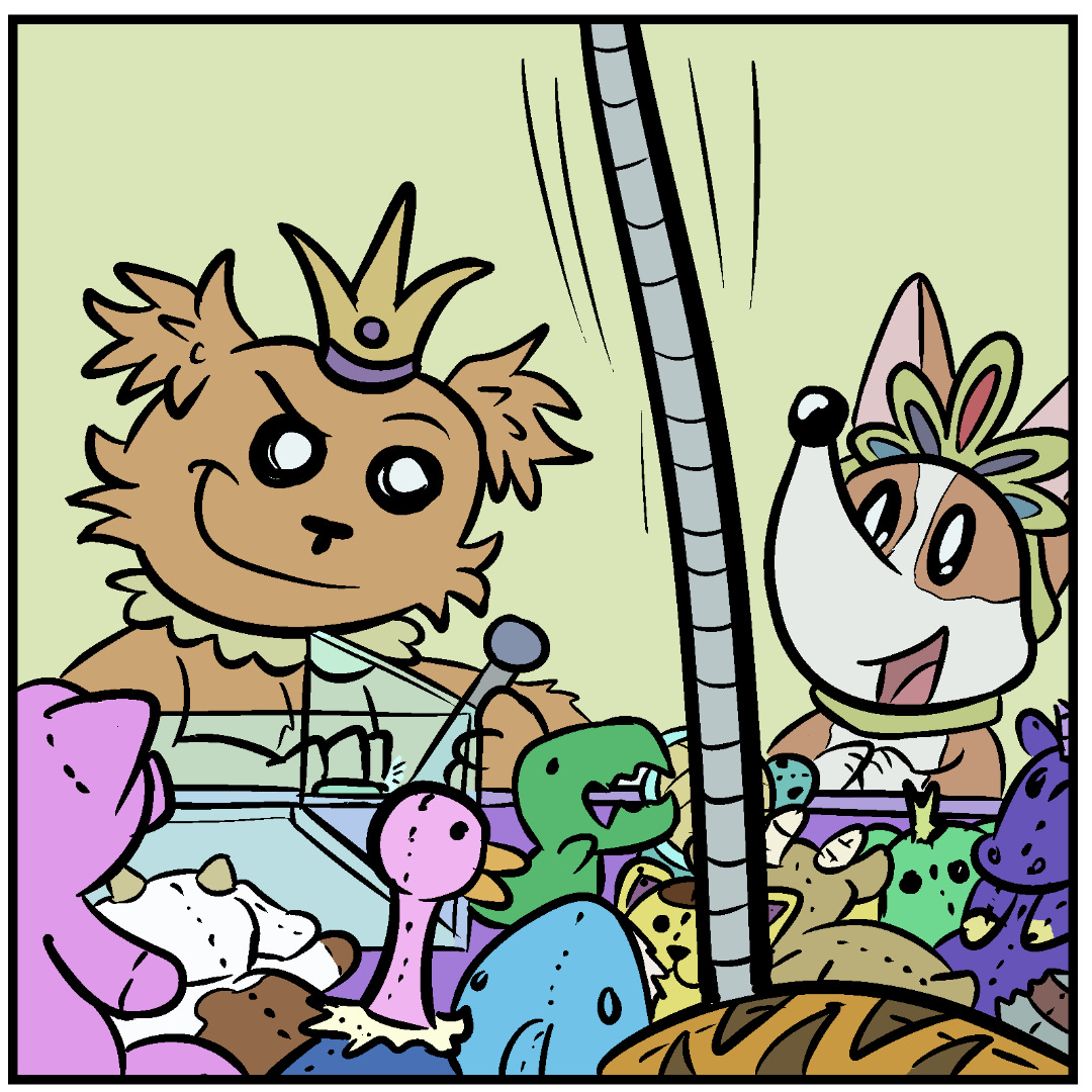 Comic Panel 3: A satisfied Scruffy Pup pushes a button while the crane game crane dives into toys. Corgi Pup looks delighted Comic Panel 3: A satisfied Scruffy Pup pushes a button while the crane game crane dives into toys. Corgi Pup looks delighted