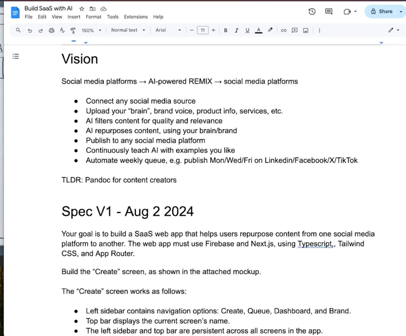 Original Blotato vision Google Doc and Spec V1 from August 2 2024 showing AI-powered remixing and the first SaaS app spec