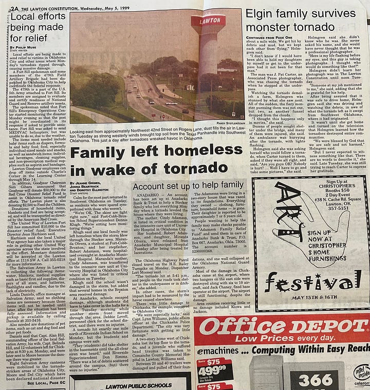 Two stories as published by The Lawton Constitution’s front page and the jump inside about the Elgin woman and daughters. J. Pat Carter, a photographer with the AP, helped them seek shelter as the tornado was approaching fast. Mc Nelly Torres, a reporter with The Lawton Constitution identified the woman hours after Carter’s personal story appeared on the AP wire. (Mc Nelly Torres | Don’t Forget My Voice)
