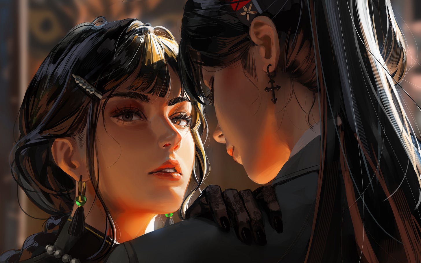 General 5000x3126 GUWEIZ digital art artwork illustration digital painting women long hair couple dark hair looking at viewer earring face to face black nails two women sensual gaze parted lips tassel earrings tassels