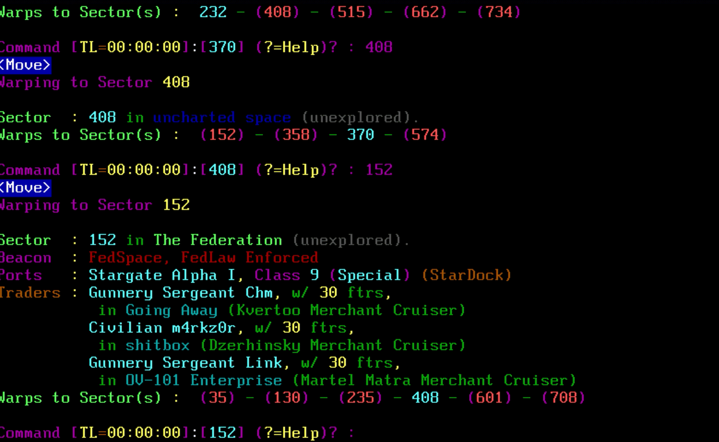 Screenshot from Trade Wars 2002, showing the colorful text of the primary command interface.